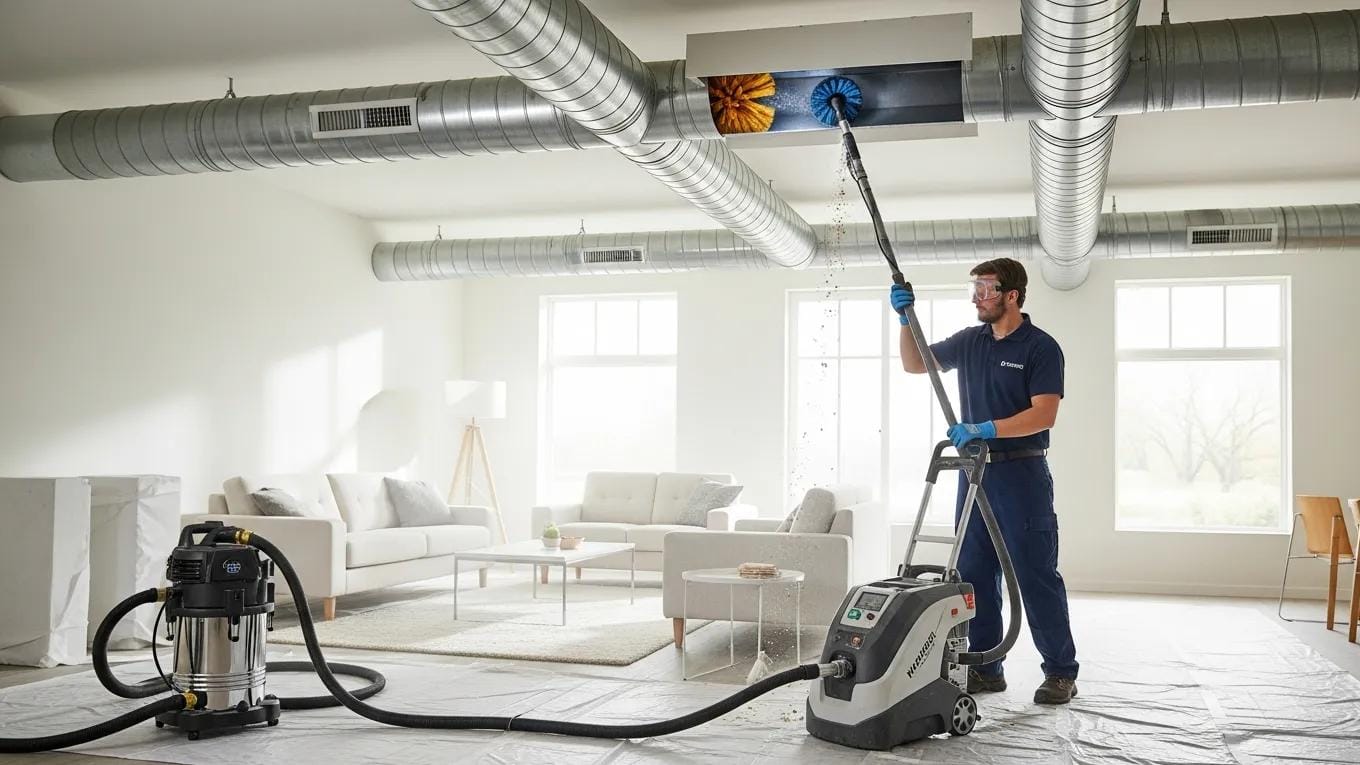 Professional air duct cleaning service enhancing indoor air quality in a modern living room