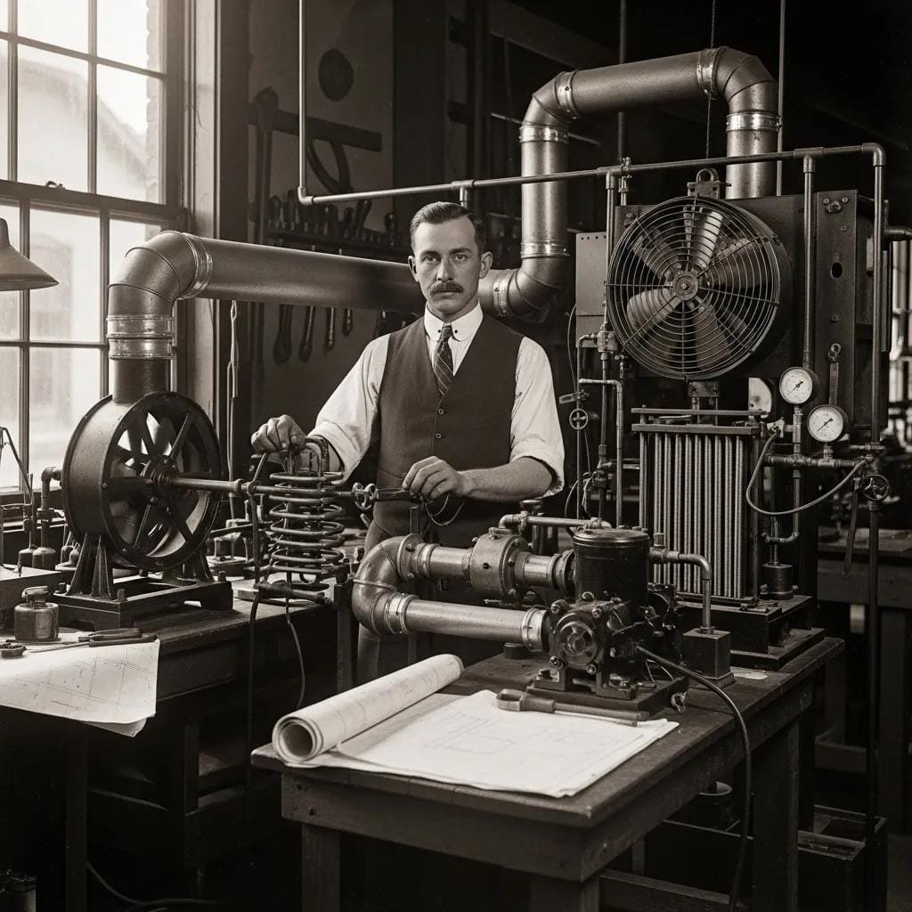 Willis Carrier surrounded by early air conditioning technology in a historical context