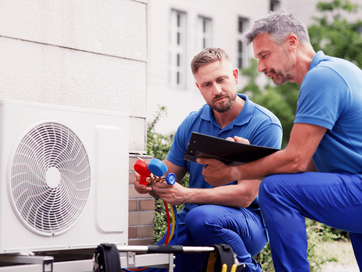 Two men in blue uniforms check an outdoor air conditioning unit for summer AC prep, with one holding gauges and the other reviewing information on a clipboard.