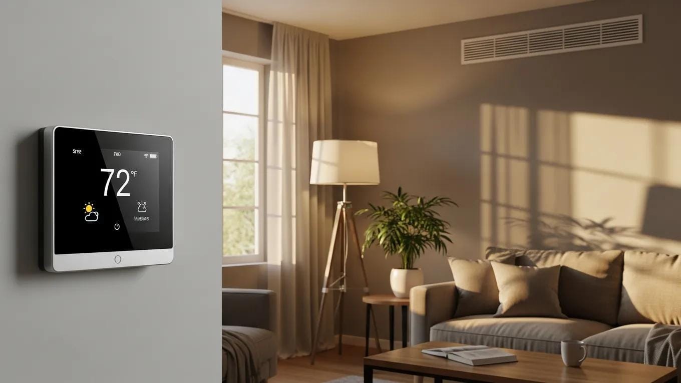Modern thermostat in a cozy living room, highlighting home temperature control
