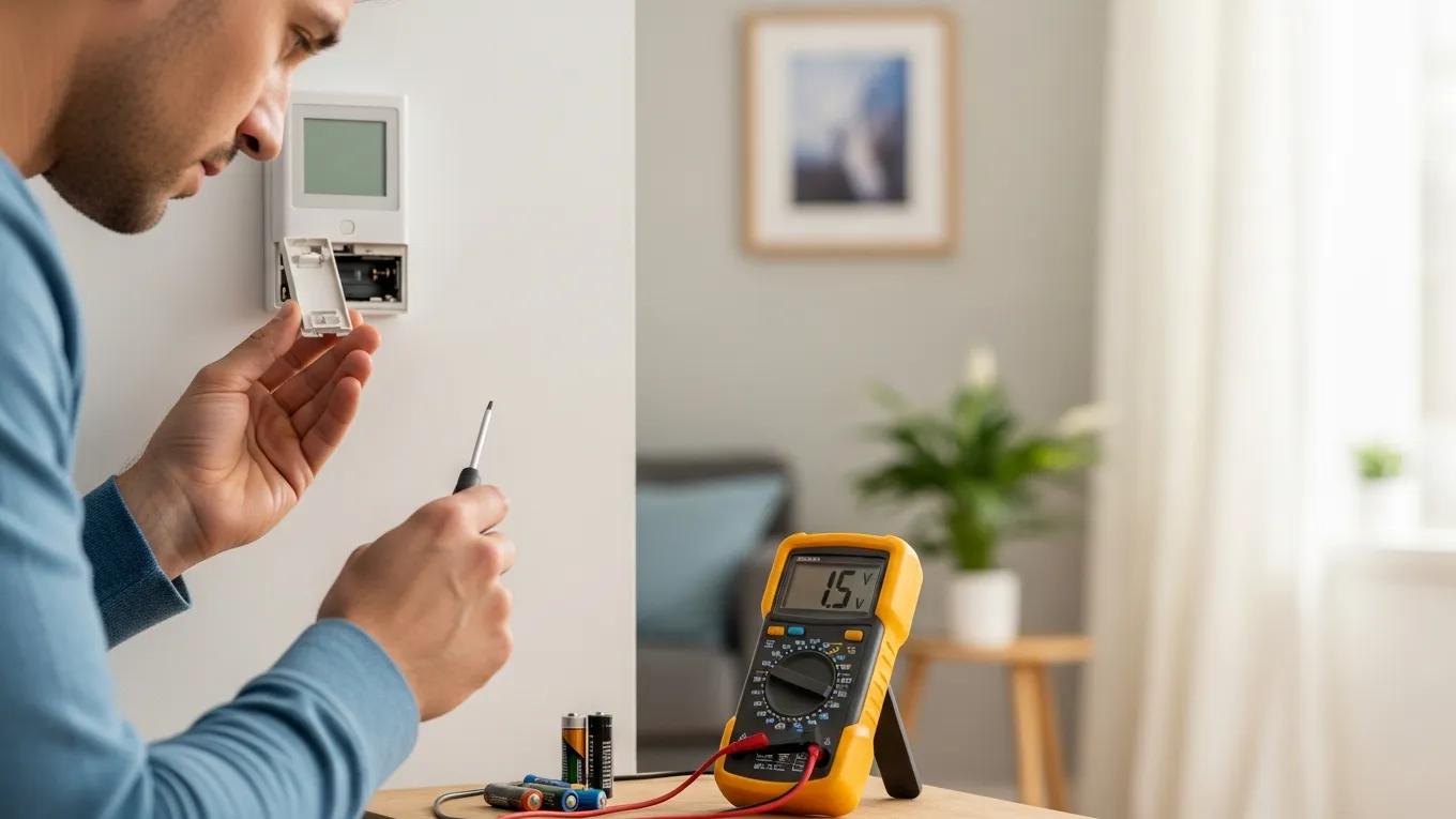 Person checking thermostat battery compartment in a home setting