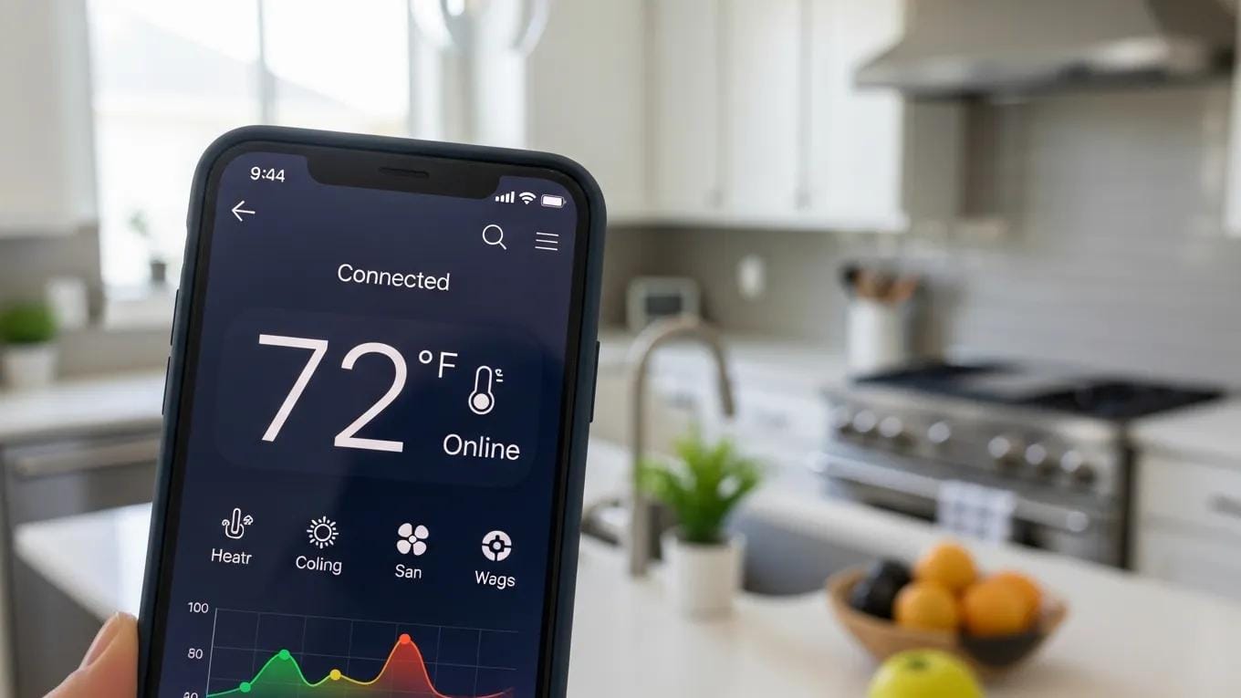 Smart thermostat app interface on a smartphone in a modern kitchen