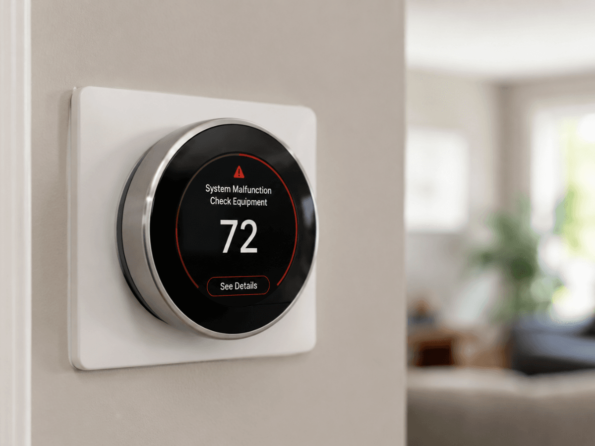 A smart thermostat not working displays a system malfunction warning message and a temperature reading of 72 degrees, mounted on a beige wall.
