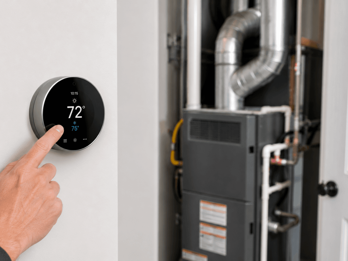 A person troubleshoots a digital thermostat not working as they adjust it on the wall near a furnace and HVAC system in a utility room.