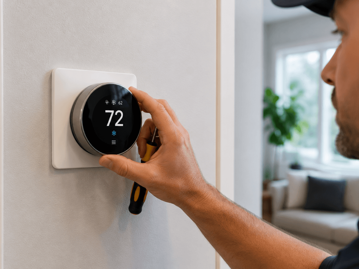 A person checks a digital thermostat set to 72 degrees Fahrenheit in a modern, well-lit home, concerned that the thermostat is not working properly.