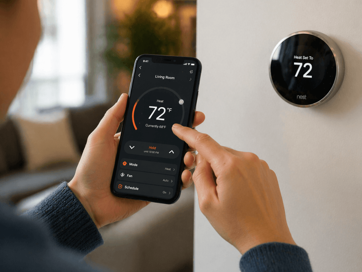 Person troubleshooting a thermostat not working by adjusting a smart thermostat using a smartphone app, both displaying the temperature set to 72 degrees in a living room setting.