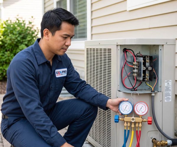 Heat pump repair Marietta, GA: Technician performing heat pump repair on an outdoor HVAC unit.