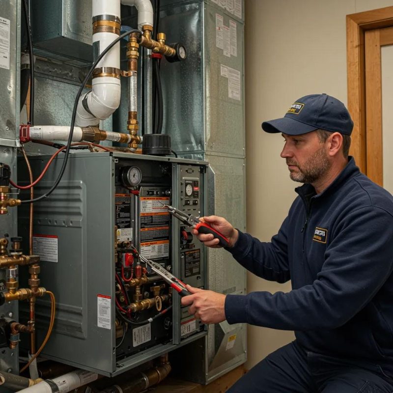 HVAC technician diagnosing a noisy heating system in a residential furnace